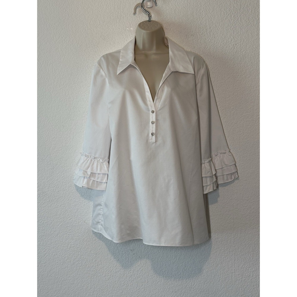 Lilly Pulitzer Shirt Womens XL White Ruffle Sleeve Button Pullover Cotton Resort
